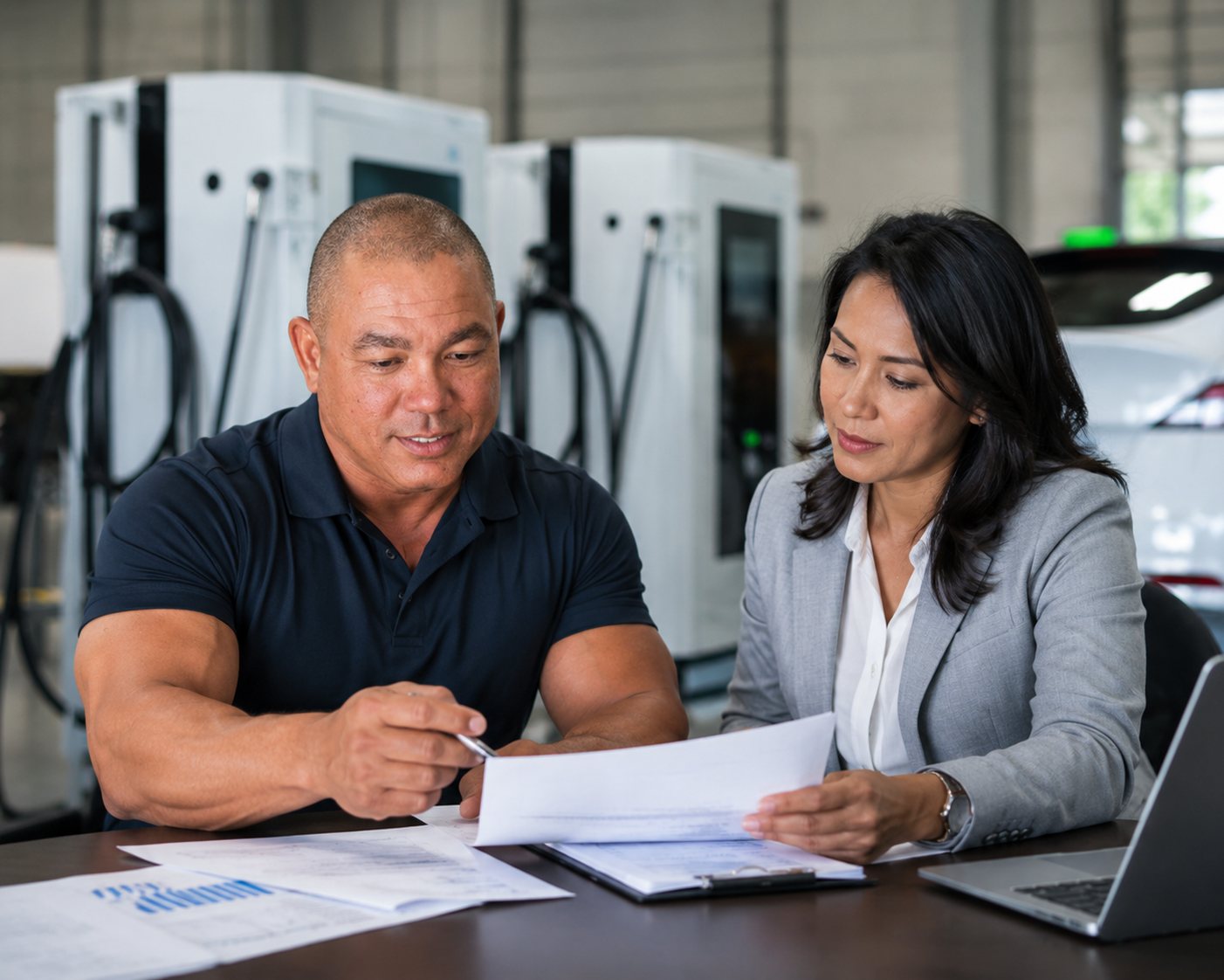 EV charging service manager reviewing a service agreement with a client at a desk in front of DC fast chargers EV charging service manager reviewing a service agreement with a client at a desk in front of DC fast chargers