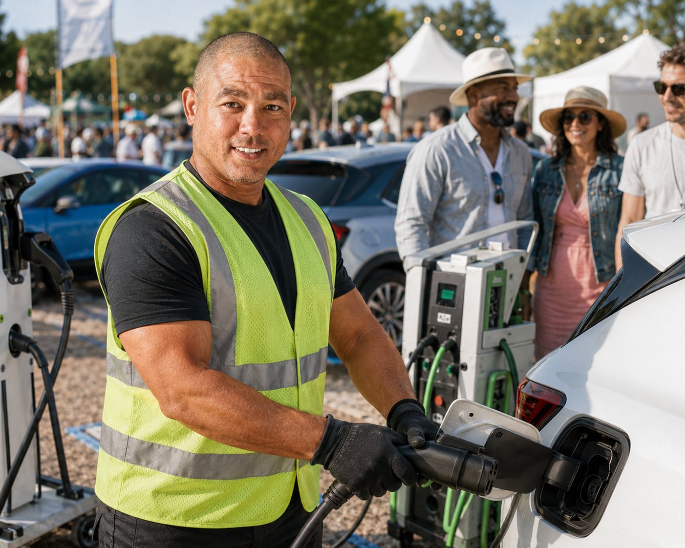 Mobile EV charging attendant connecting a cable to a white electric car at an outdoor festival as guests wait nearby Mobile EV charging attendant connecting a cable to a white electric car at an outdoor festival as guests wait nearby