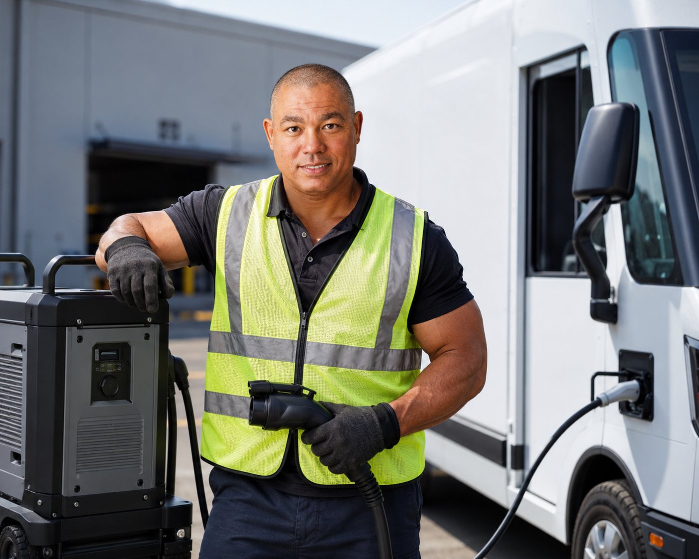 Technician with a wheeled portable DC charger connected to a white electric delivery van at a warehouse dock Technician with a wheeled portable DC charger connected to a white electric delivery van at a warehouse dock