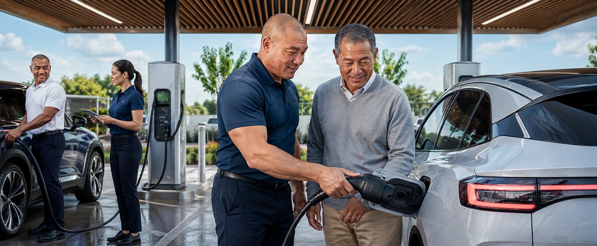 EV charging attendant helping an older customer plug a charging cable into a silver electric car under a station canopy EV charging attendant helping an older customer plug a charging cable into a silver electric car under a station canopy