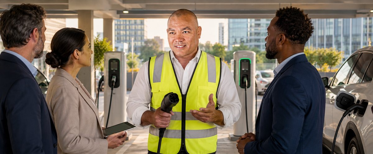 EV charging specialist holding a CCS connector explaining charging options to three people in a covered parking garage EV charging specialist holding a CCS connector explaining charging options to three people in a covered parking garage